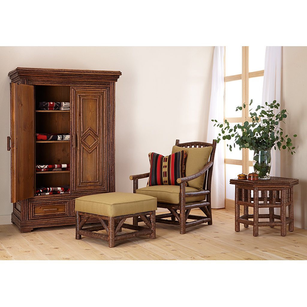Johan Armoire 2023, Club Chair 1174, Ottoman 1173, Table 3438 Natural finish, Installation La Lune Collection rustic furniture