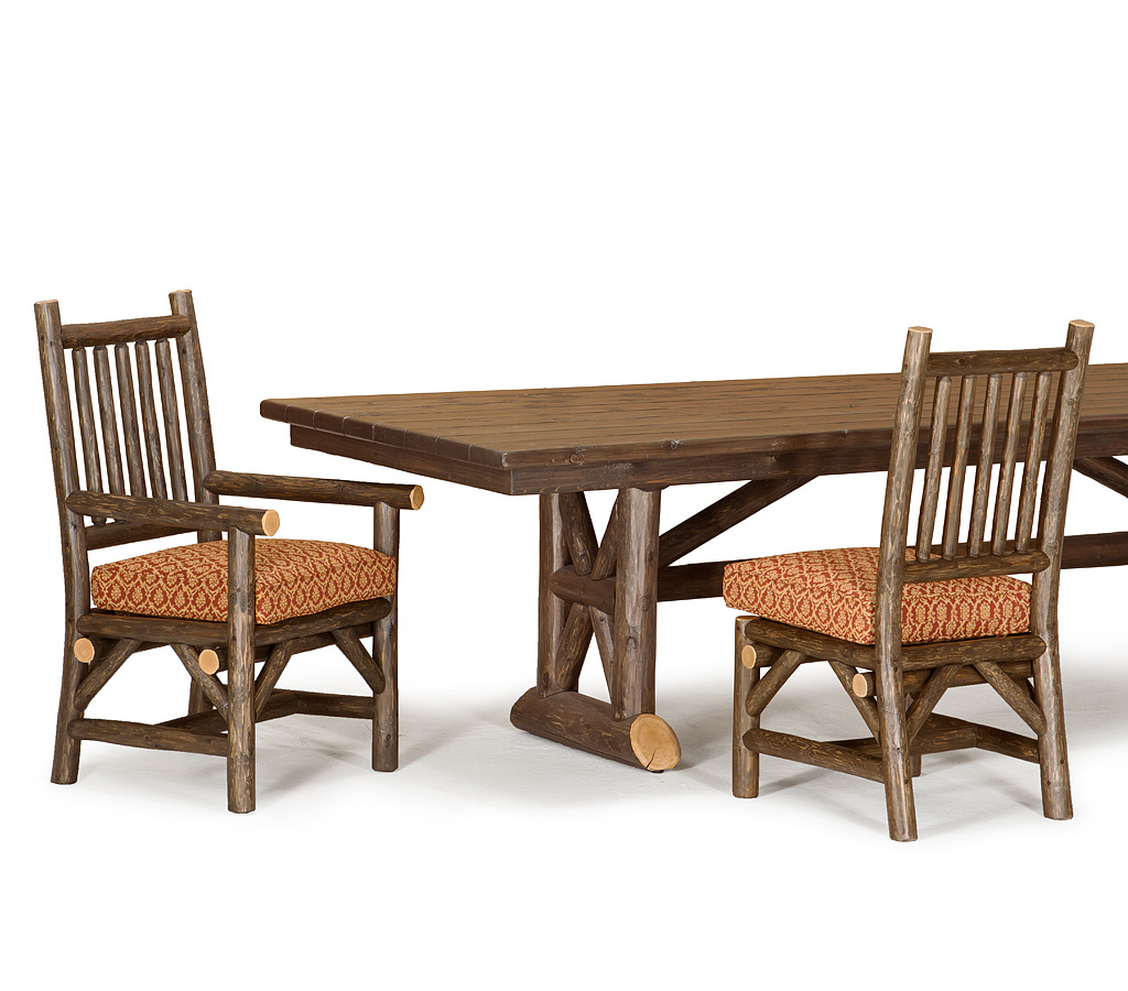 Linden Trestle Dining Table 3494-U, Aria Side Chair 1204-U, Aria Armchair 1206-U, Kahlua finish with Custom Kahlua Cedar Top La Lune Collection rustic furniture